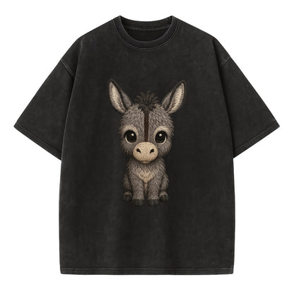 Baby Donkey Foal - gray fluffy, long ears, dark stripe, gentle eyes, - Vintage T-shirt - Black
