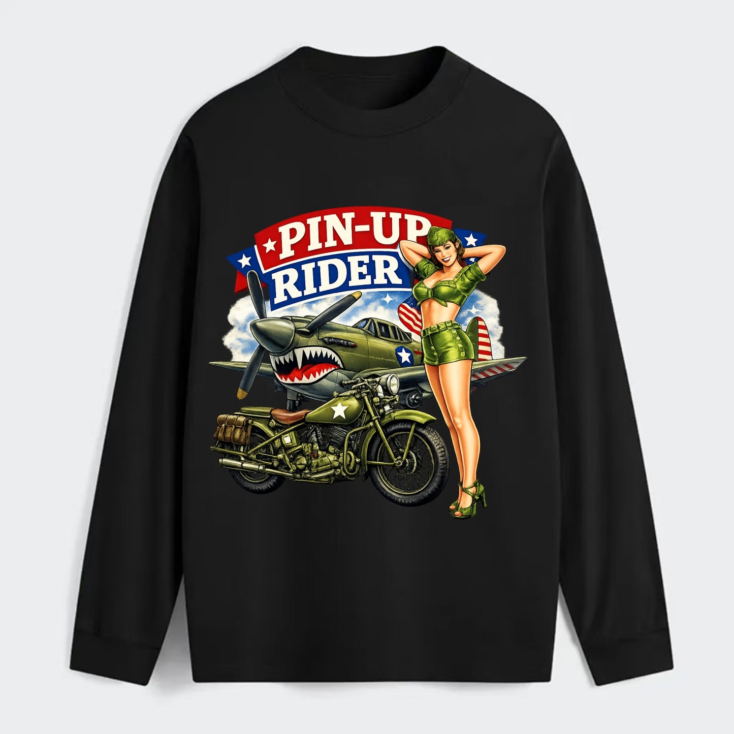 Wwii Pin Up Rider - Classic Long Sleeve Shirt - Black