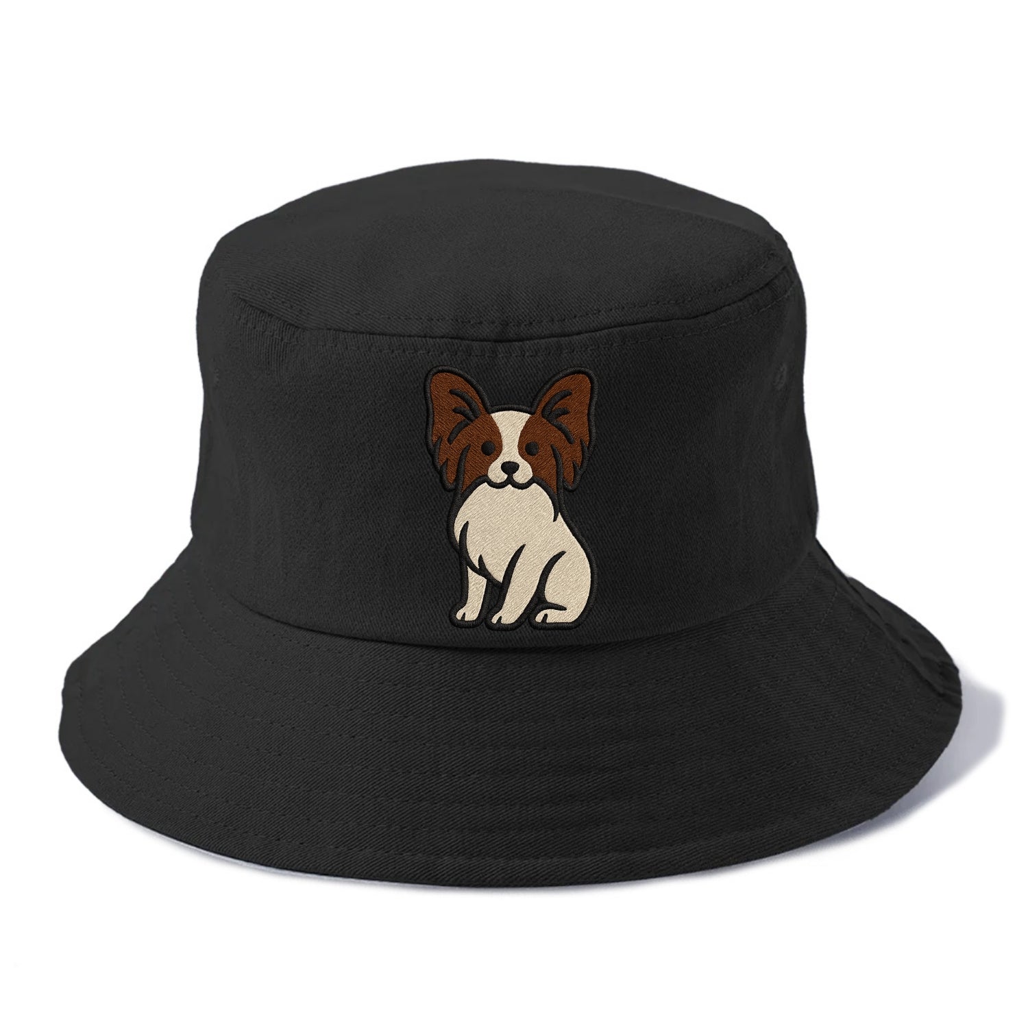 Papillon - White with brown ears sitting Bucket Hat - Black