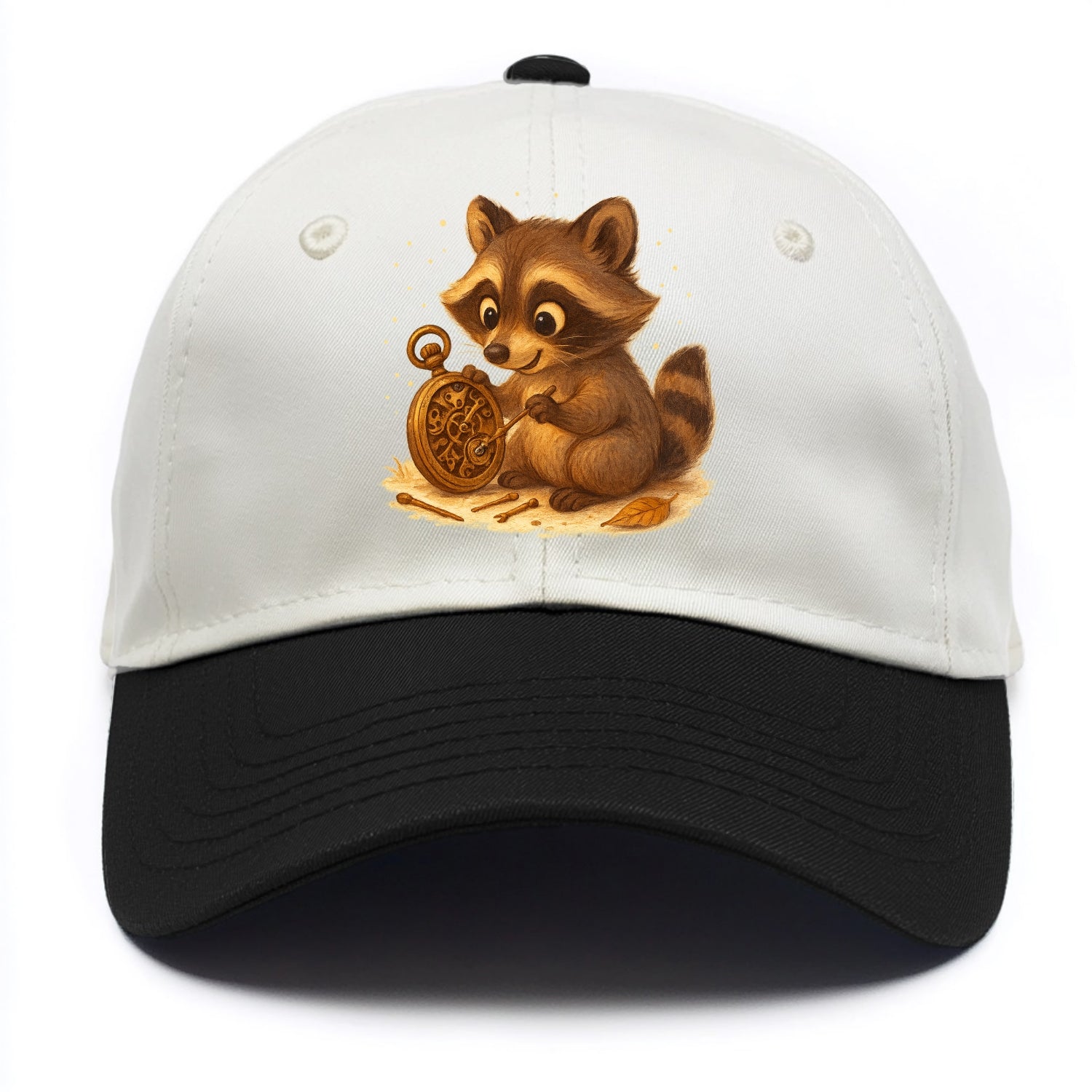 Raccoon tinkering with a steampunk pocket watch using tiny brass tools - Two Tone Cap - Black