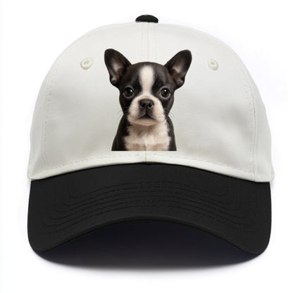 Baby Boston Terrier Puppy - tuxedo markings, big round eyes, bat ears, front-facing, - Two Tone Cap - Black