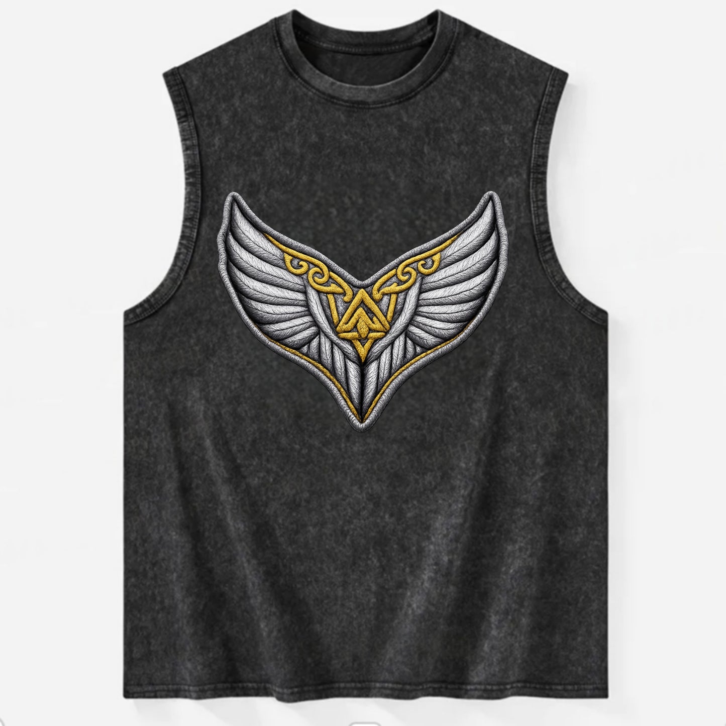 VALKYRIE WINGS - warrior maiden wings in silver and gold , Norse myth - Vintage Washed Tank - Black
