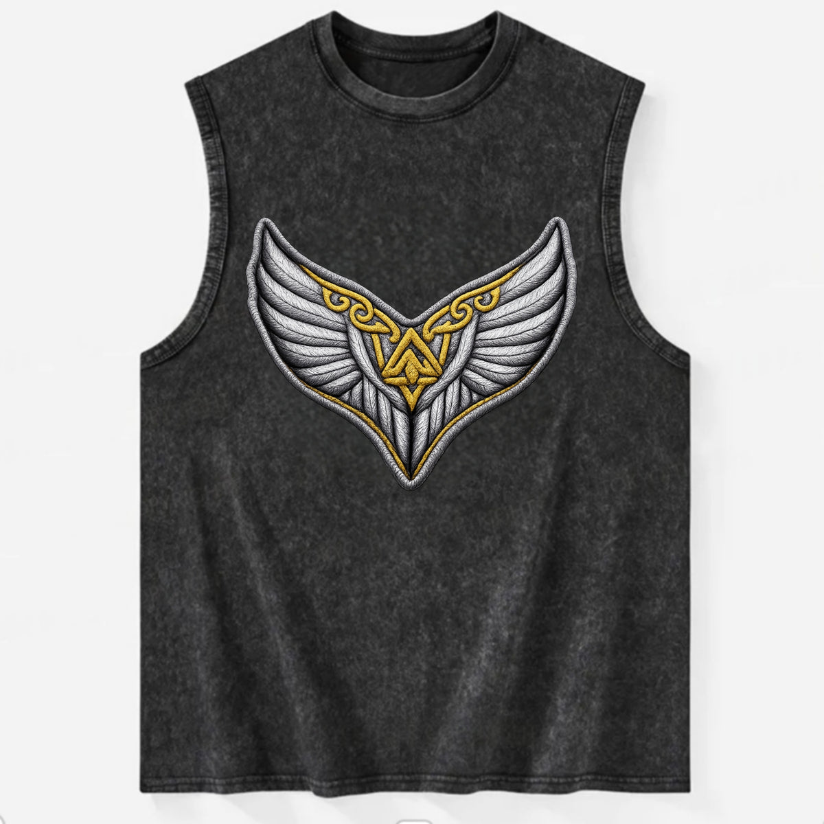 VALKYRIE WINGS - warrior maiden wings in silver and gold , Norse myth - Vintage Washed Tank - Black