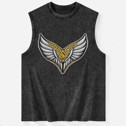 VALKYRIE WINGS - warrior maiden wings in silver and gold , Norse myth - Vintage Washed Tank - Black