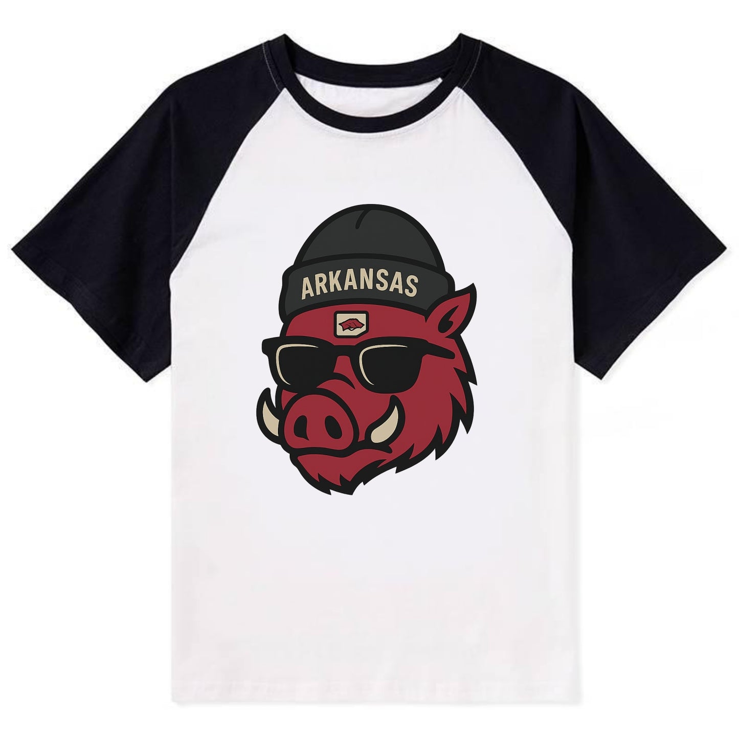 Fayetteville Razorback wearing Arkansas beanie with hog patch - Contrast Raglan T-shirt - Black