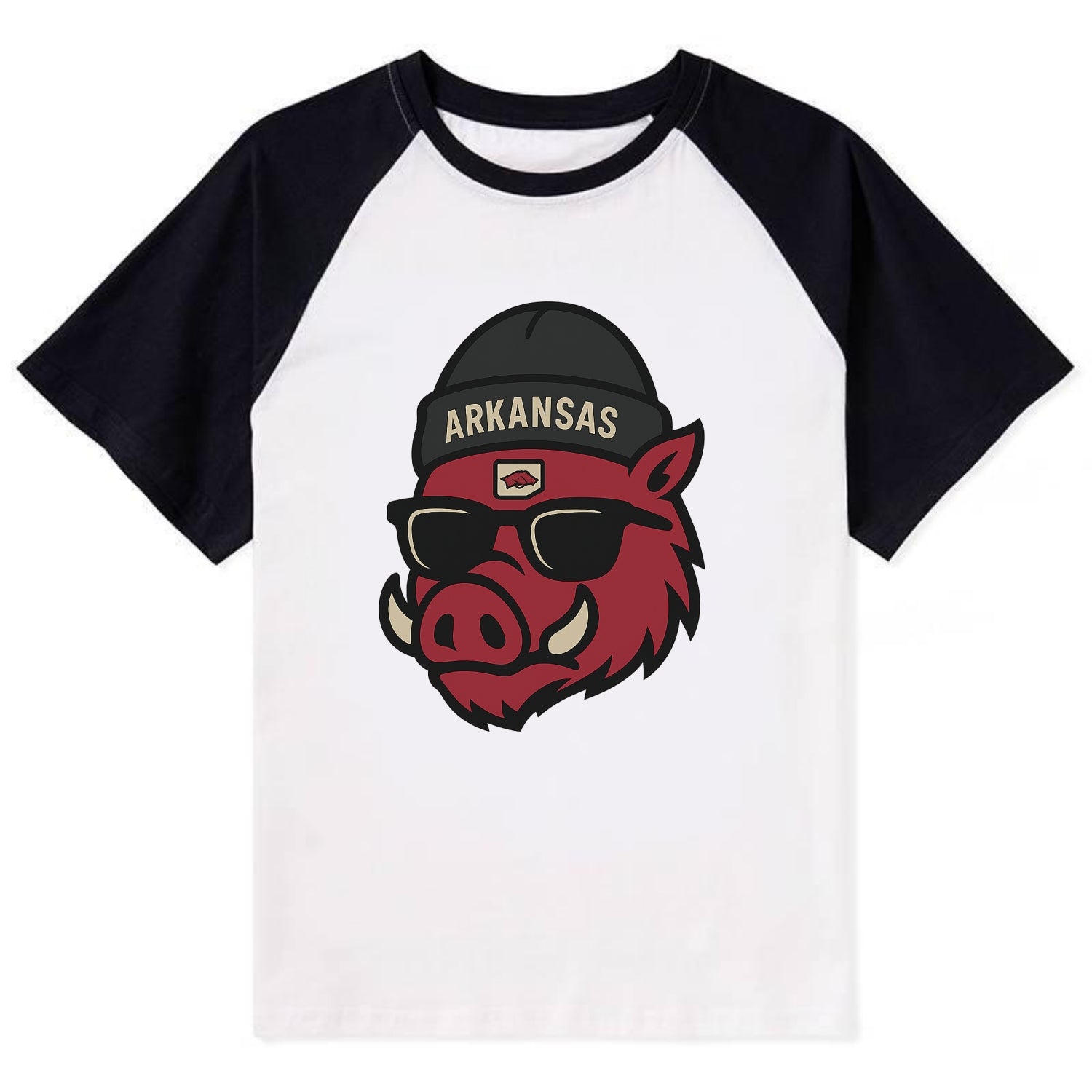 Fayetteville Razorback wearing Arkansas beanie with hog patch - Contrast Raglan T-shirt - Black