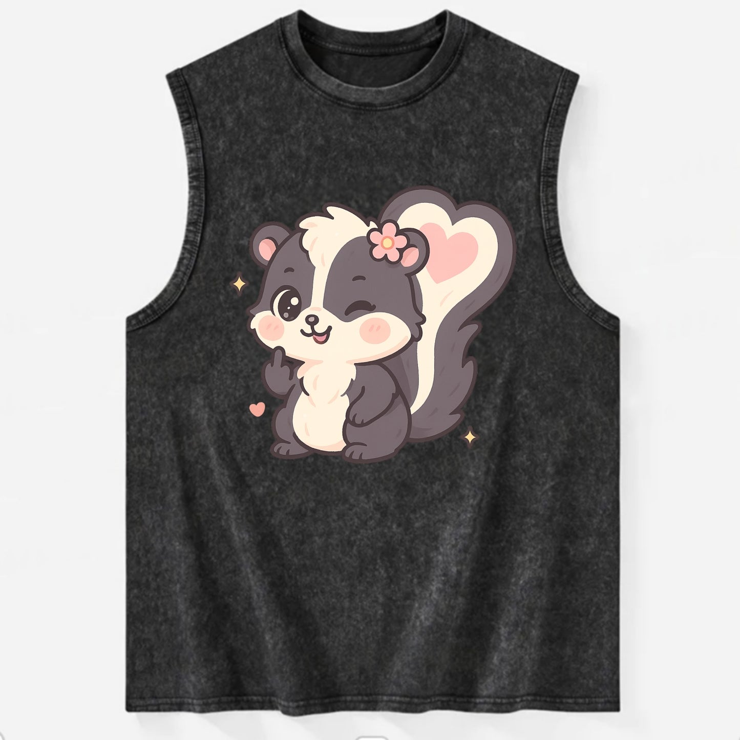 fluffy skunk with heart-shaped tail pattern, one paw up showing sass - Vintage Washed Tank - Black