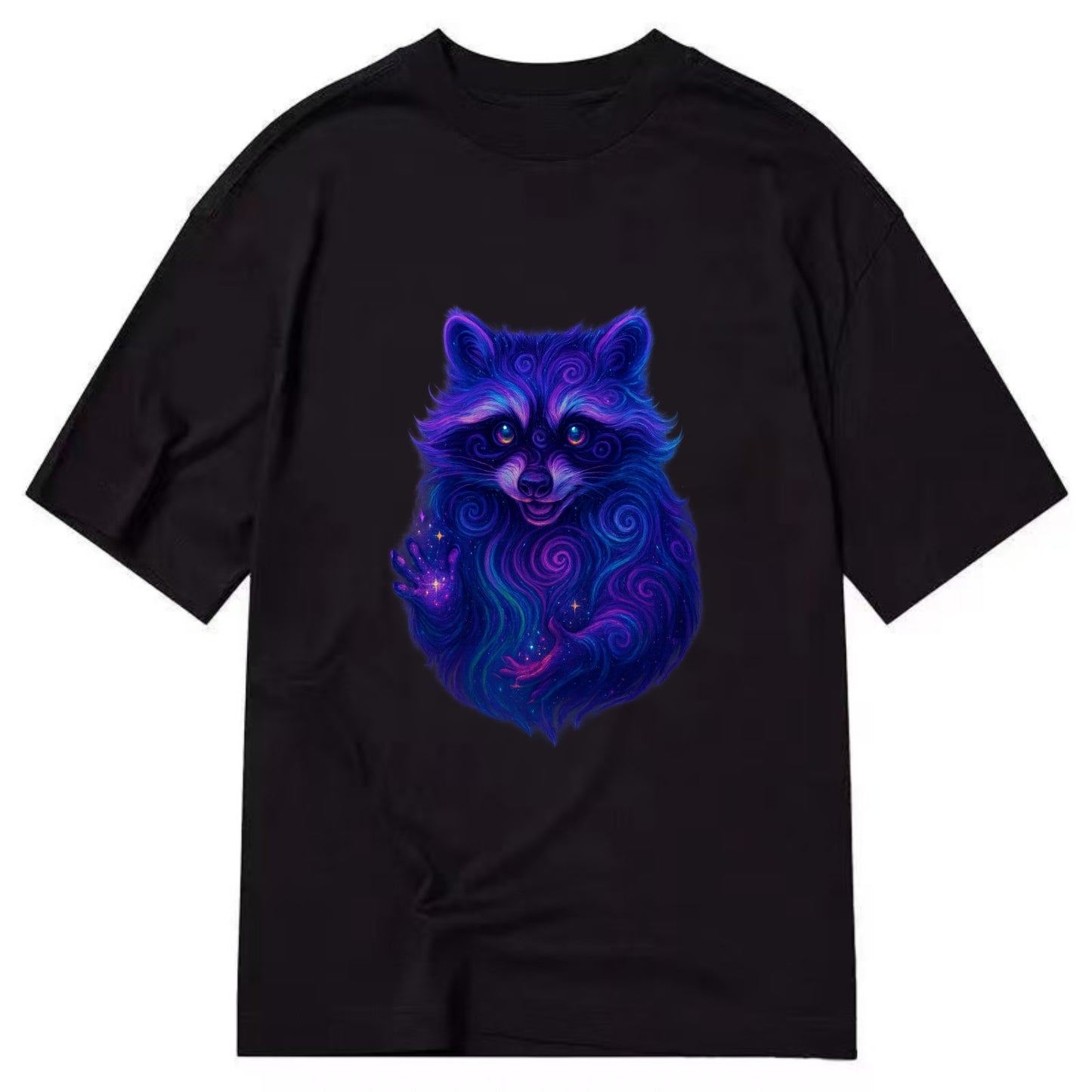 Playful raccoon with mask swirling in hypnotic patterns, neon purple and green - Classic T-shirt - Black