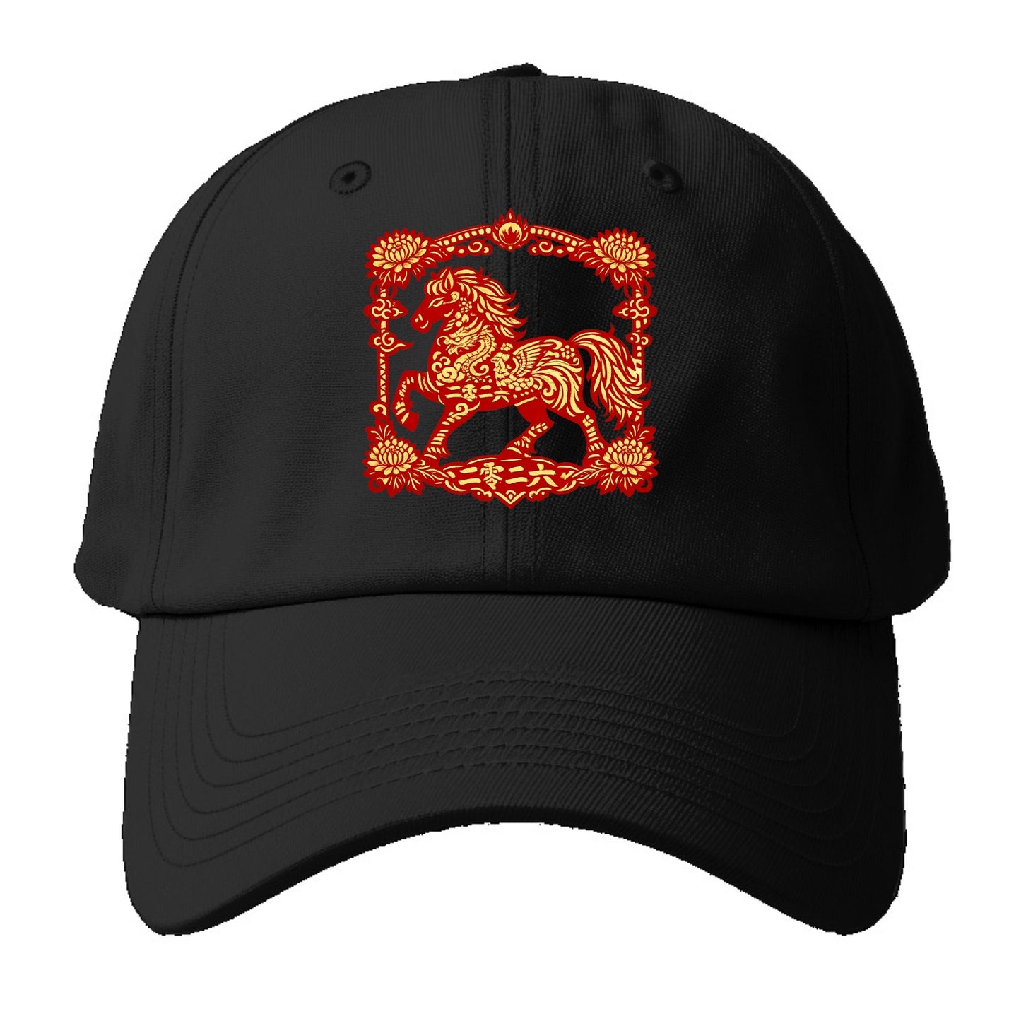 HORSE | Silk style horse design | Gold and silver thread appearance | Phoenix and - Baseball Cap - Black