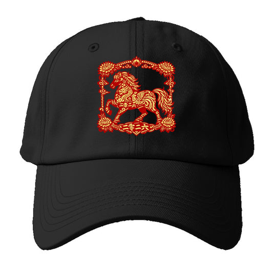 HORSE | Silk style horse design | Gold and silver thread appearance | Phoenix and - Baseball Cap - Black