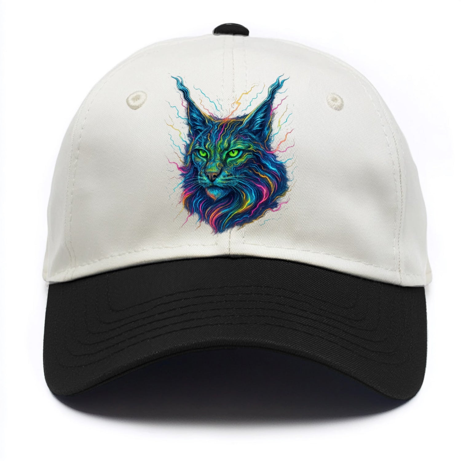 Wild lynx with ear tufts transforming into liquid mercury flows, silver and gold - Two Tone Cap - Black