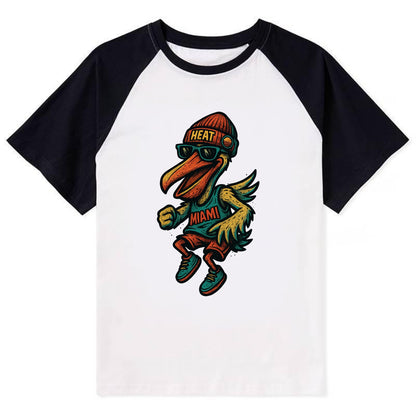 Miami Pelican wearing Heat beanie with sunset patch and wayfarer - Contrast Raglan T-shirt - Black