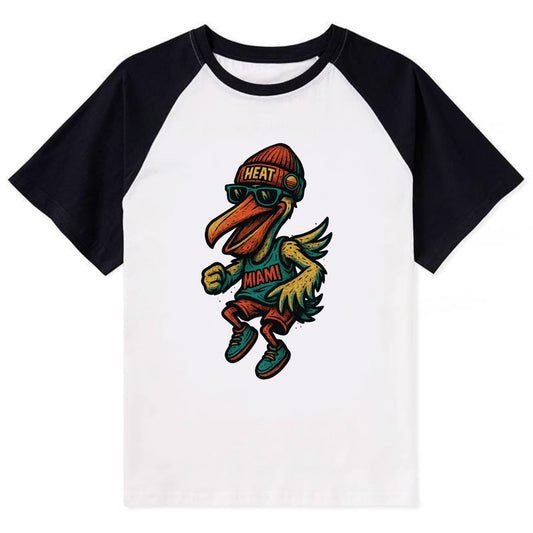 Miami Pelican wearing Heat beanie with sunset patch and wayfarer - Contrast Raglan T-shirt - Black