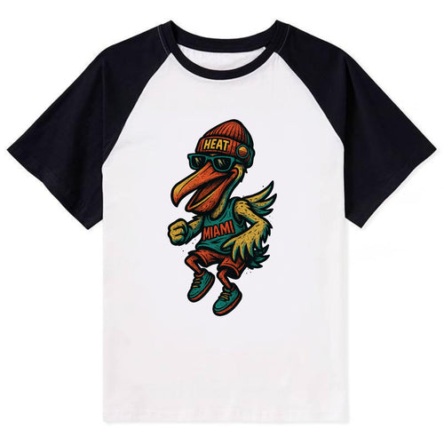 Miami Pelican wearing Heat beanie with sunset patch and wayfarer - Contrast Raglan T-shirt