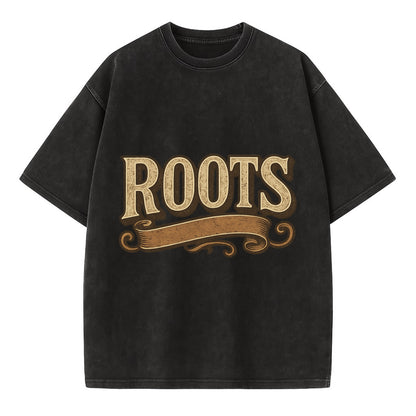 Bold typography design - "ROOTS" - where you come from, heritage - Vintage T-shirt - Black