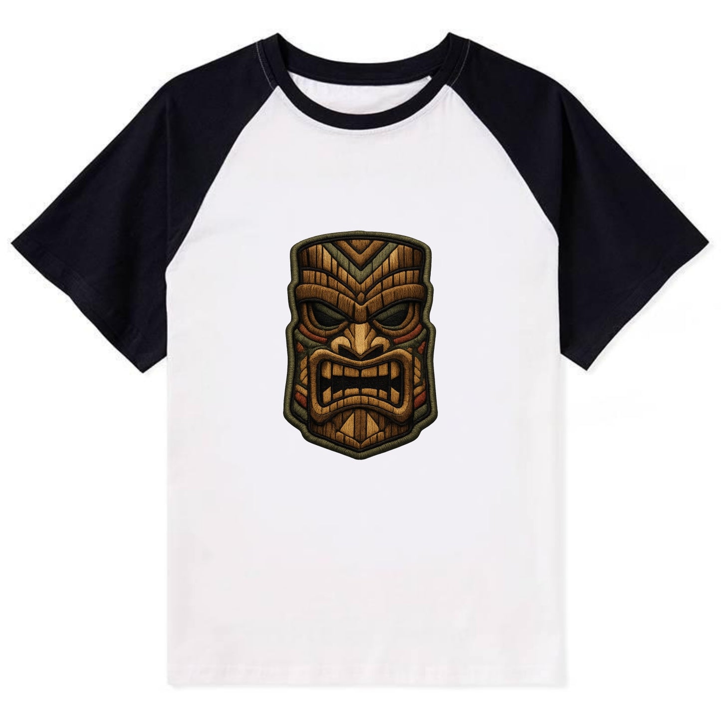 TIKI MASK - carved totem in brown and red , Polynesian - Contrast Raglan T-shirt - Black