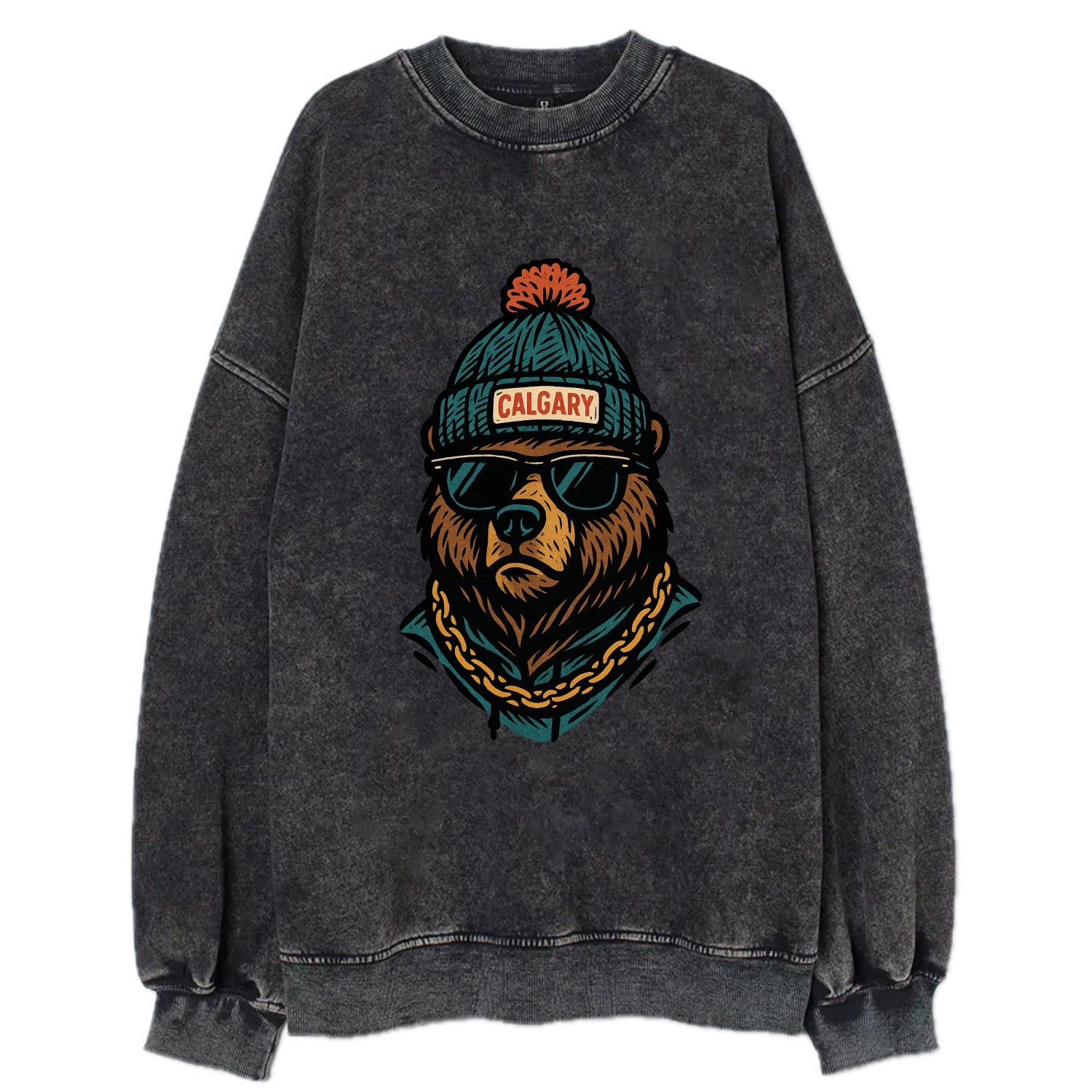 Calgary Grizzly Bear wearing Calgary beanie with pom pom and wayfarer - Vintage Sweatshirt - Black