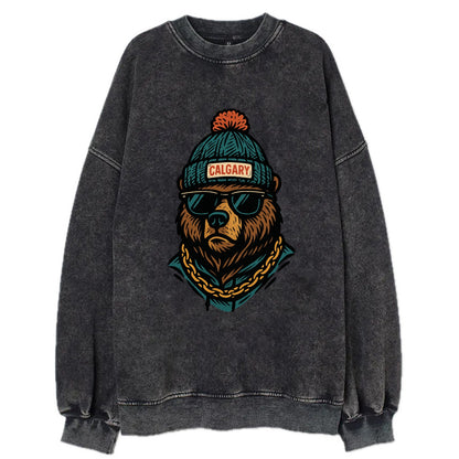 Calgary Grizzly Bear wearing Calgary beanie with pom pom and wayfarer - Vintage Sweatshirt - Black