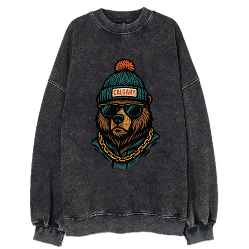 Calgary Grizzly Bear wearing Calgary beanie with pom pom and wayfarer - Vintage Sweatshirt