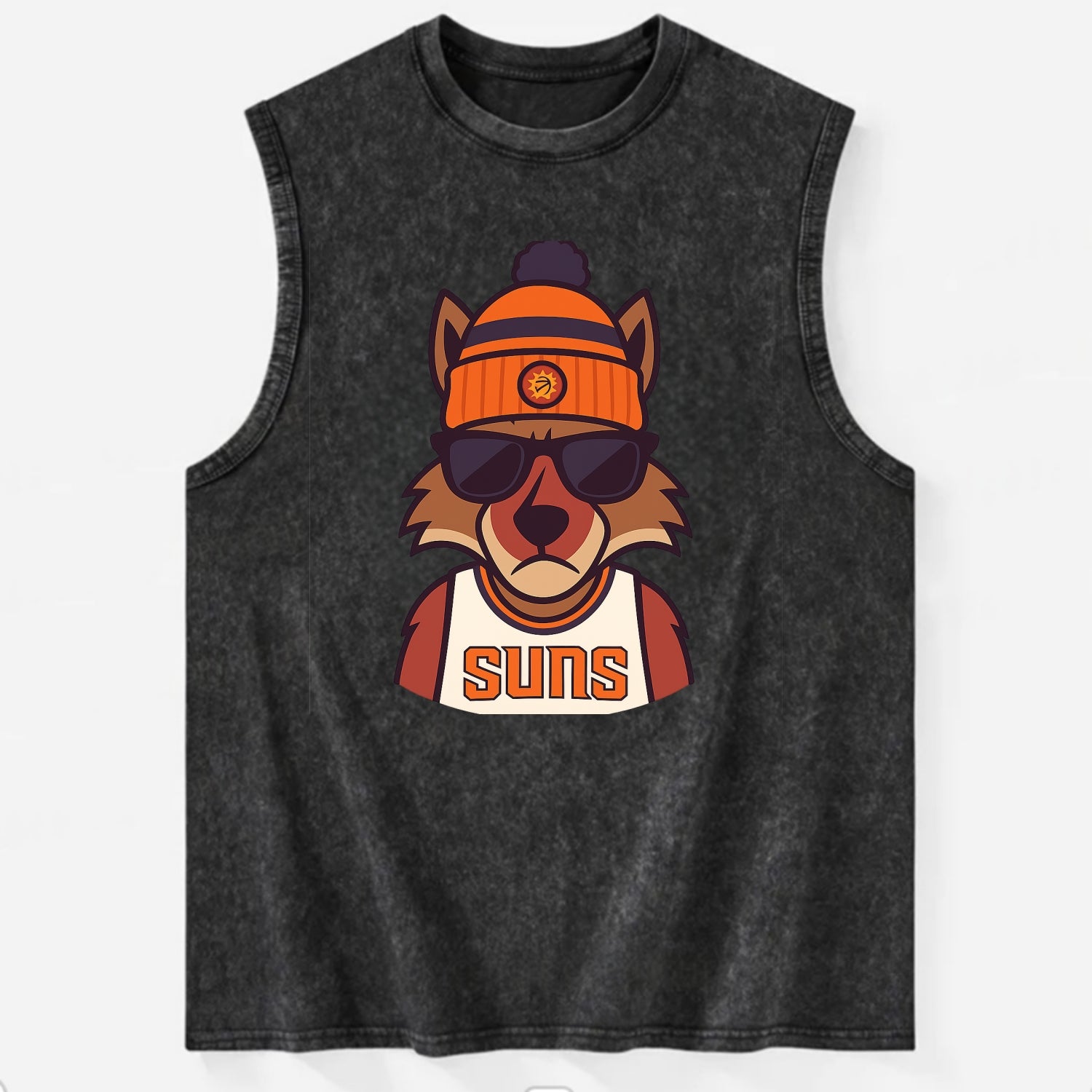 Arizona Coyote wearing Suns beanie with desert sun patch and wayfarer - Vintage Washed Tank - Black
