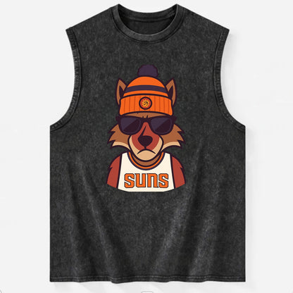 Arizona Coyote wearing Suns beanie with desert sun patch and wayfarer - Vintage Washed Tank - Black
