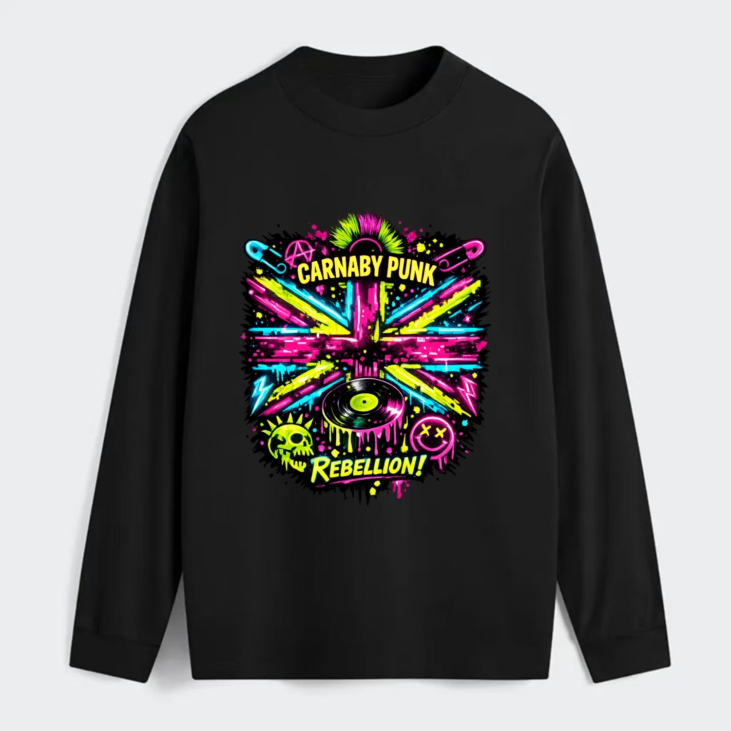 CARNABY PUNK | Swinging 60s meets 70s punk | Psychedelic Union Jack - Classic Long Sleeve Shirt - Black