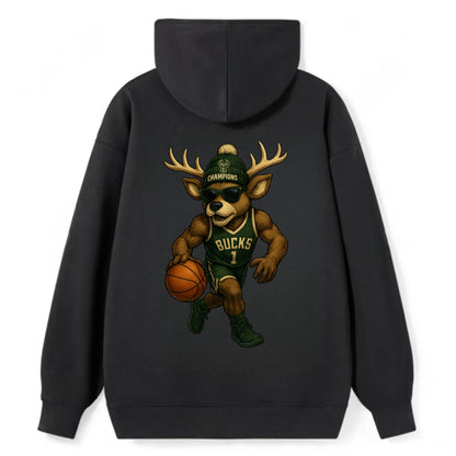 Milwaukee Buck Deer wearing Bucks green and cream beanie with antlers and - Classic Pullover Hoodie - Black