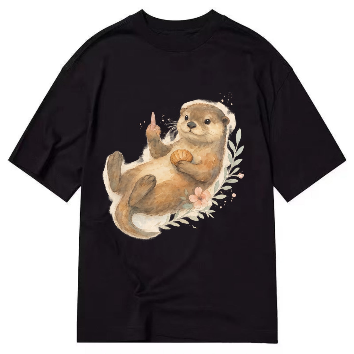 adorable otter floating on back, middle finger up while holding a shellfish - Classic T-shirt - Black
