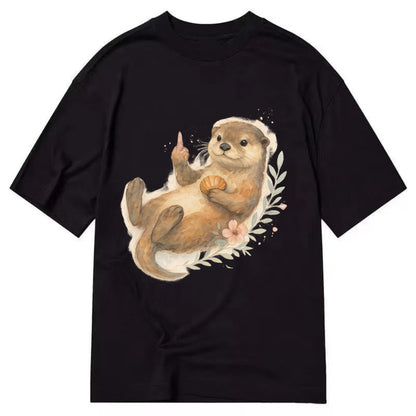 adorable otter floating on back, middle finger up while holding a shellfish - Classic T-shirt - Black