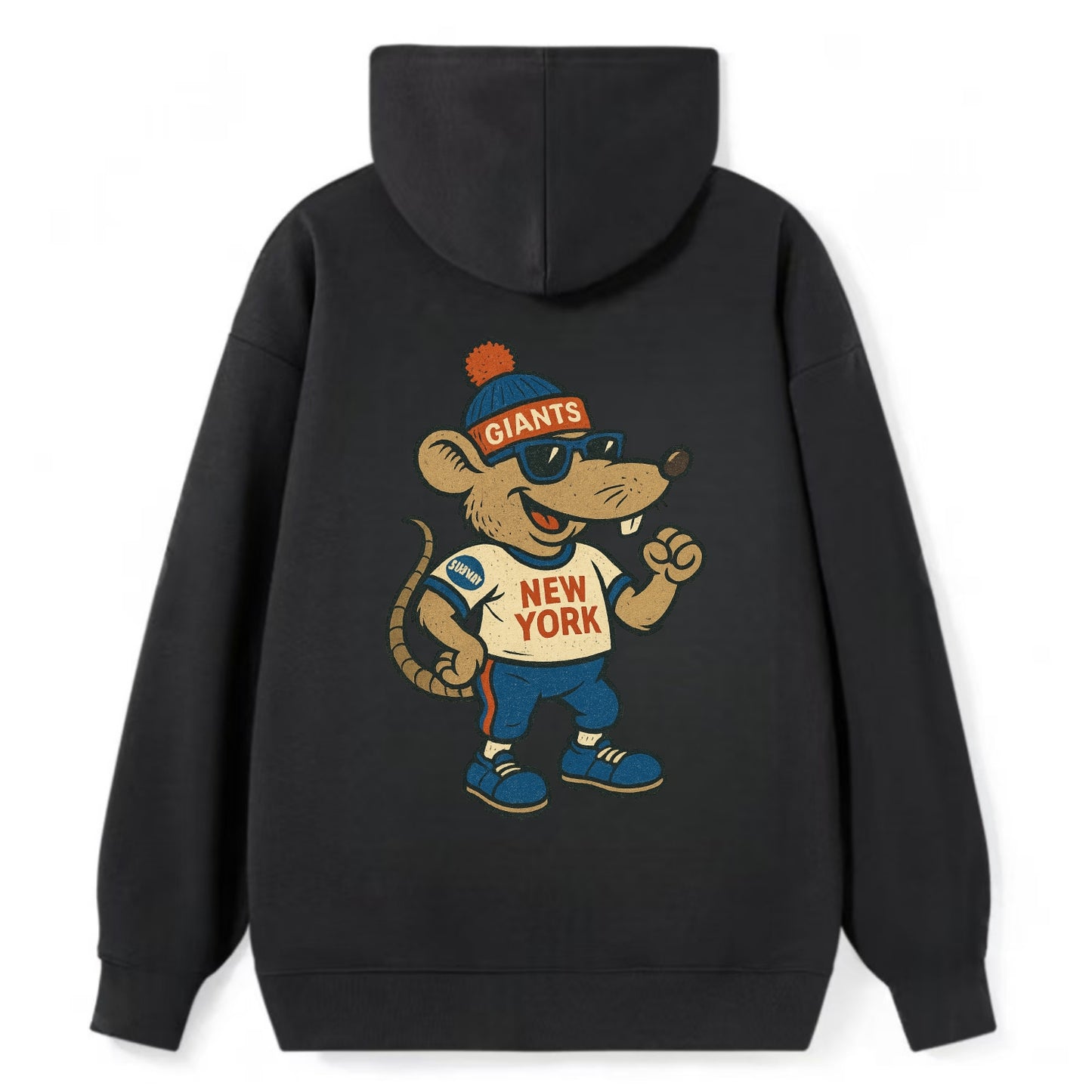 New York Rat wearing Giants beanie with subway patch and wayfarer - Classic Pullover Hoodie - Black