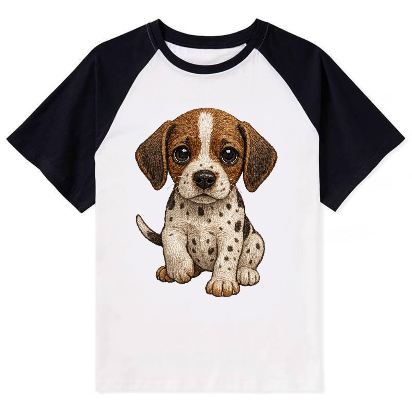 Baby Pointer Puppy - spotted coat, noble stance, alert eyes, - Contrast Raglan T-shirt - Black