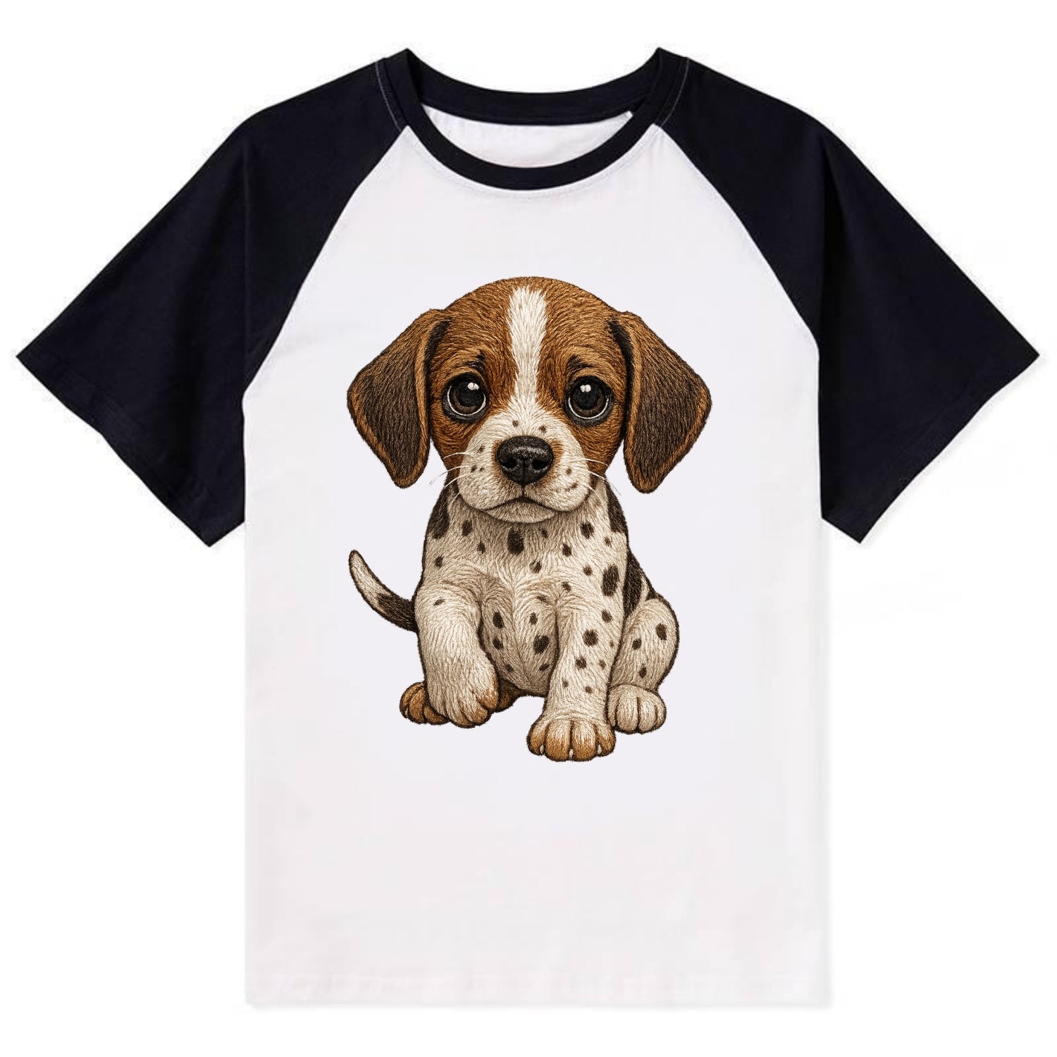 Baby Pointer Puppy - spotted coat, noble stance, alert eyes, - Contrast Raglan T-shirt - Black