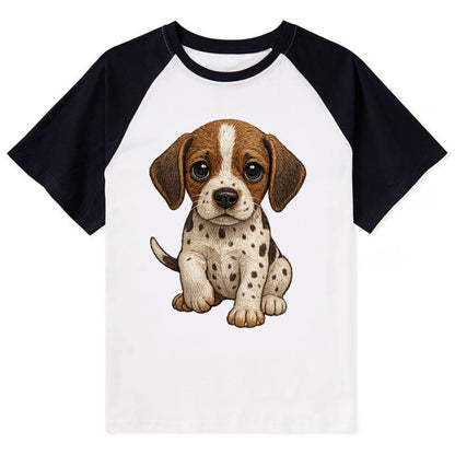 Baby Pointer Puppy - spotted coat, noble stance, alert eyes, - Contrast Raglan T-shirt - Black