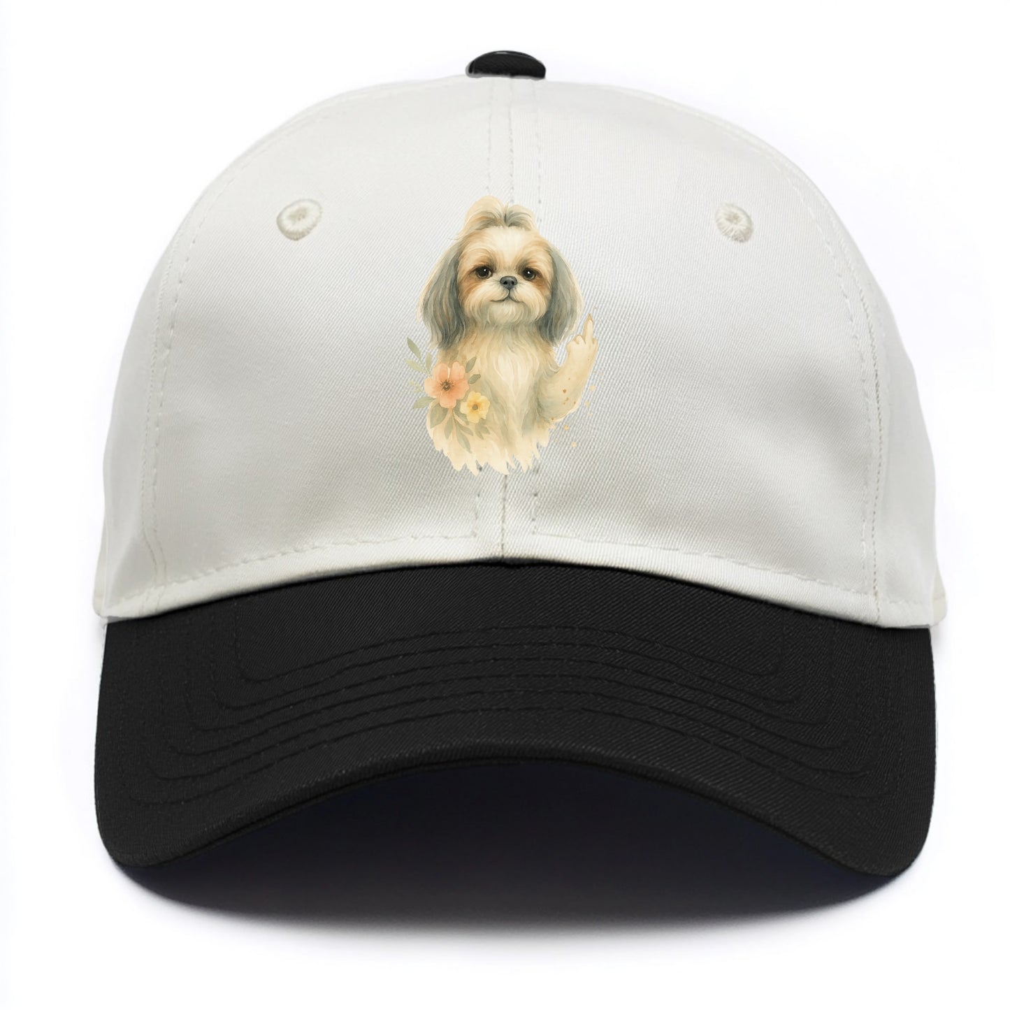 Shih Tzu with long flowing silky hair, tiny paw showing attitude - Two Tone Cap - Black