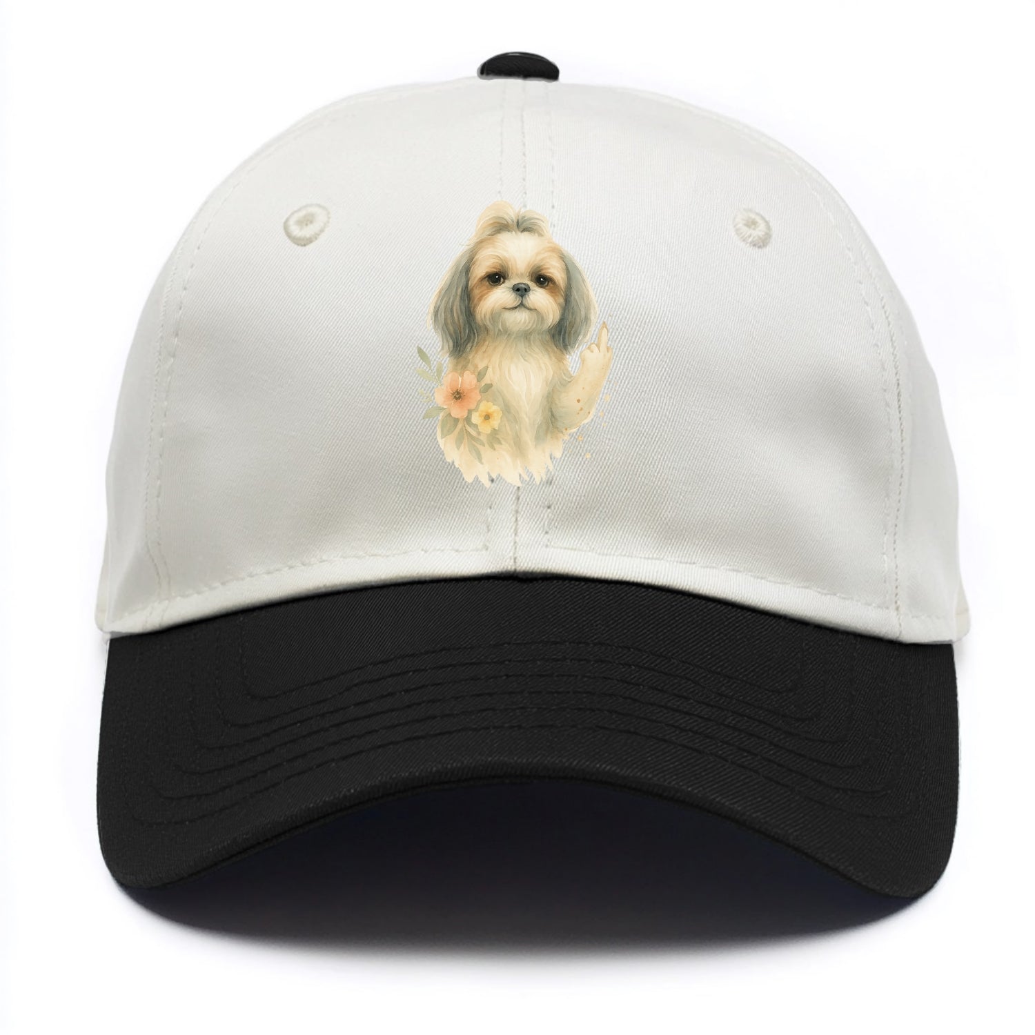 Shih Tzu with long flowing silky hair, tiny paw showing attitude - Two Tone Cap - Black