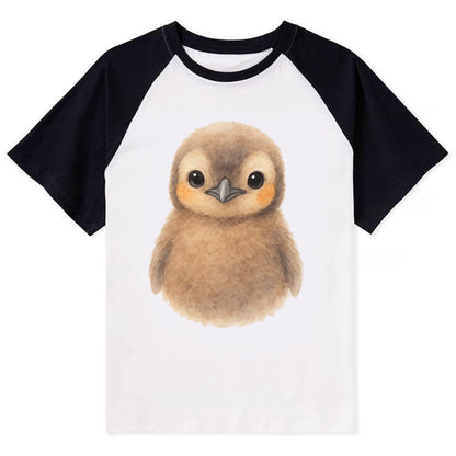 Baby King Penguin - orange cheek patches, fluffy brown, large eyes, - Contrast Raglan T-shirt - Black