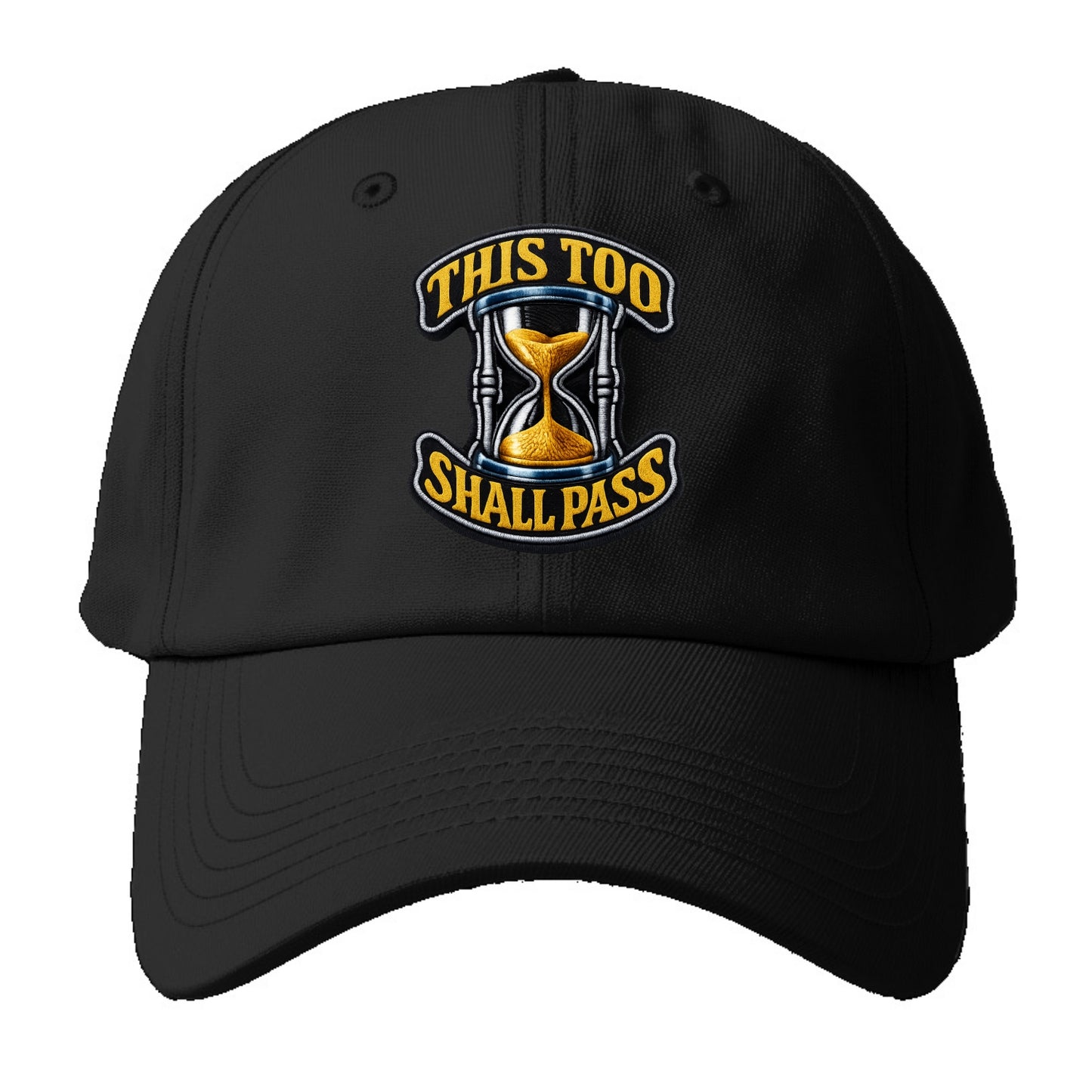 THIS TOO SHALL PASS - hourglass with text in gold , perspective - Baseball Cap For Big Heads - Black