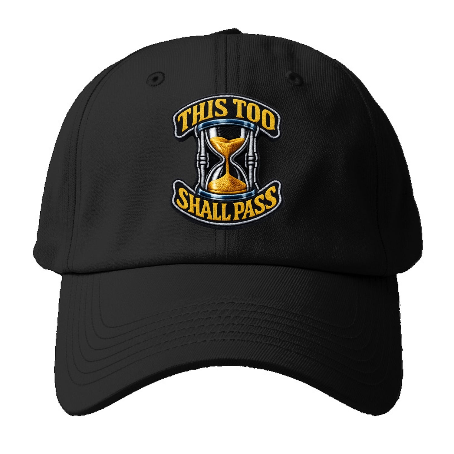 THIS TOO SHALL PASS - hourglass with text in gold , perspective - Baseball Cap For Big Heads - Black