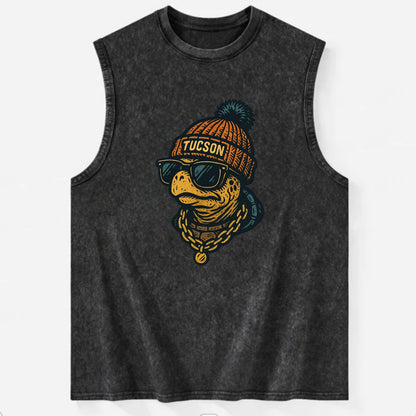 Tucson Desert Tortoise wearing Tucson beanie with pom pom and wayfarer - Vintage Washed Tank - Black