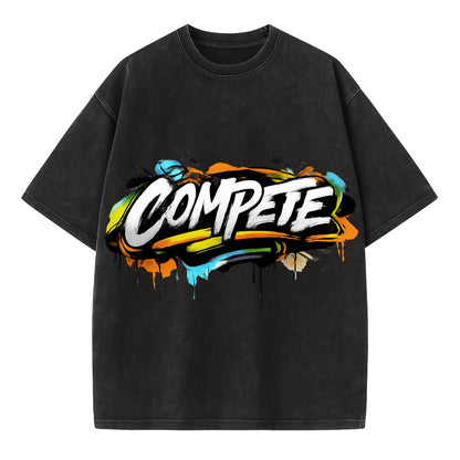 Bold typography design - "COMPETE" - competitive spirit, love the game - Vintage T-shirt - Black