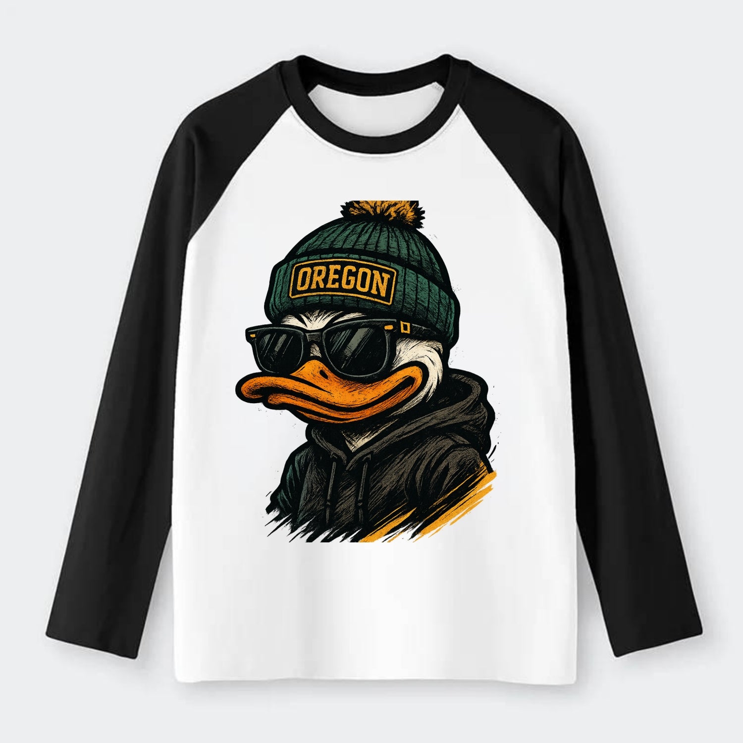 Eugene Duck wearing Oregon beanie with O patch - Raglan Long Sleeve T-Shirt - Black
