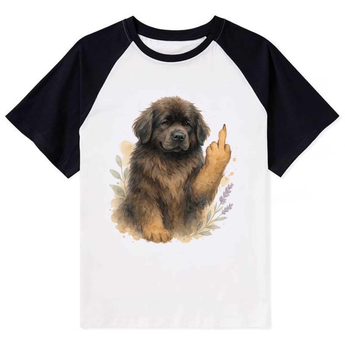 Newfoundland fluffy bear-like with webbed paws, massive gentle paw up - Contrast Raglan T-shirt - Black