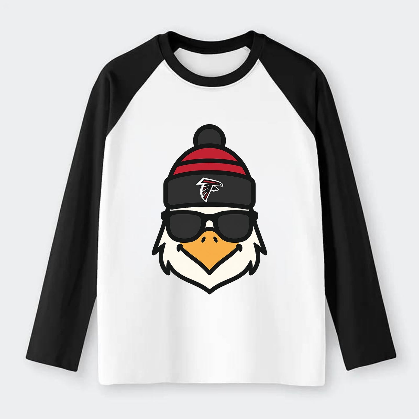 Atlanta Falcon wearing Falcons red and black beanie with pom pom and - Raglan Long Sleeve T-Shirt - Black