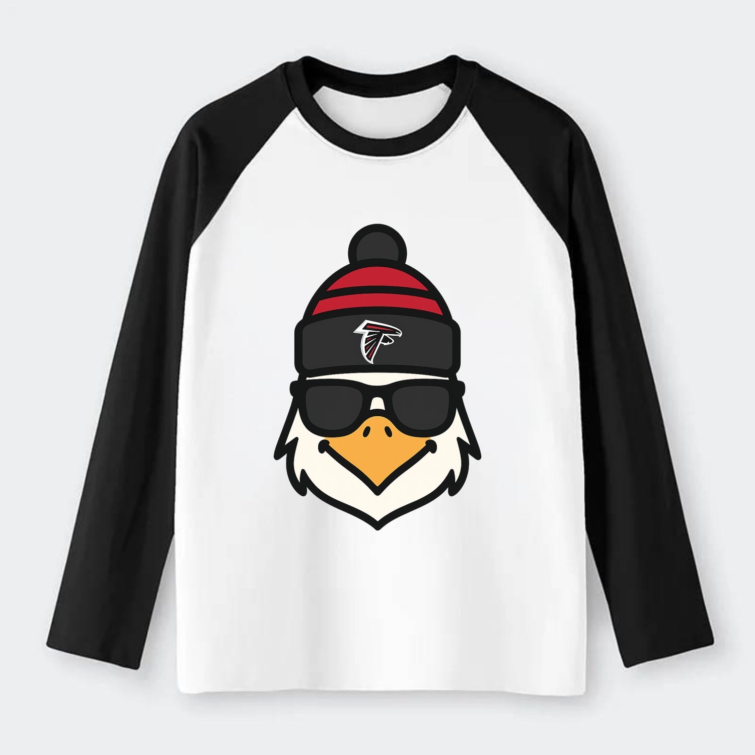 Atlanta Falcon wearing Falcons red and black beanie with pom pom and - Raglan Long Sleeve T-Shirt - Black
