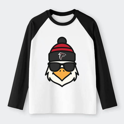 Atlanta Falcon wearing Falcons red and black beanie with pom pom and - Raglan Long Sleeve T-Shirt - Black