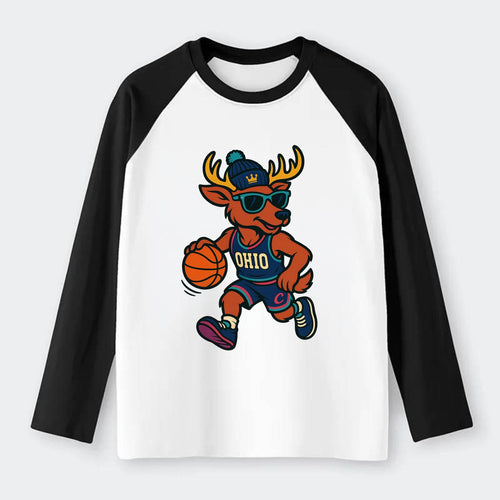 Ohio Deer wearing Cavs beanie with crown patch and wayfarer sunglasses - Raglan Long Sleeve T-Shirt