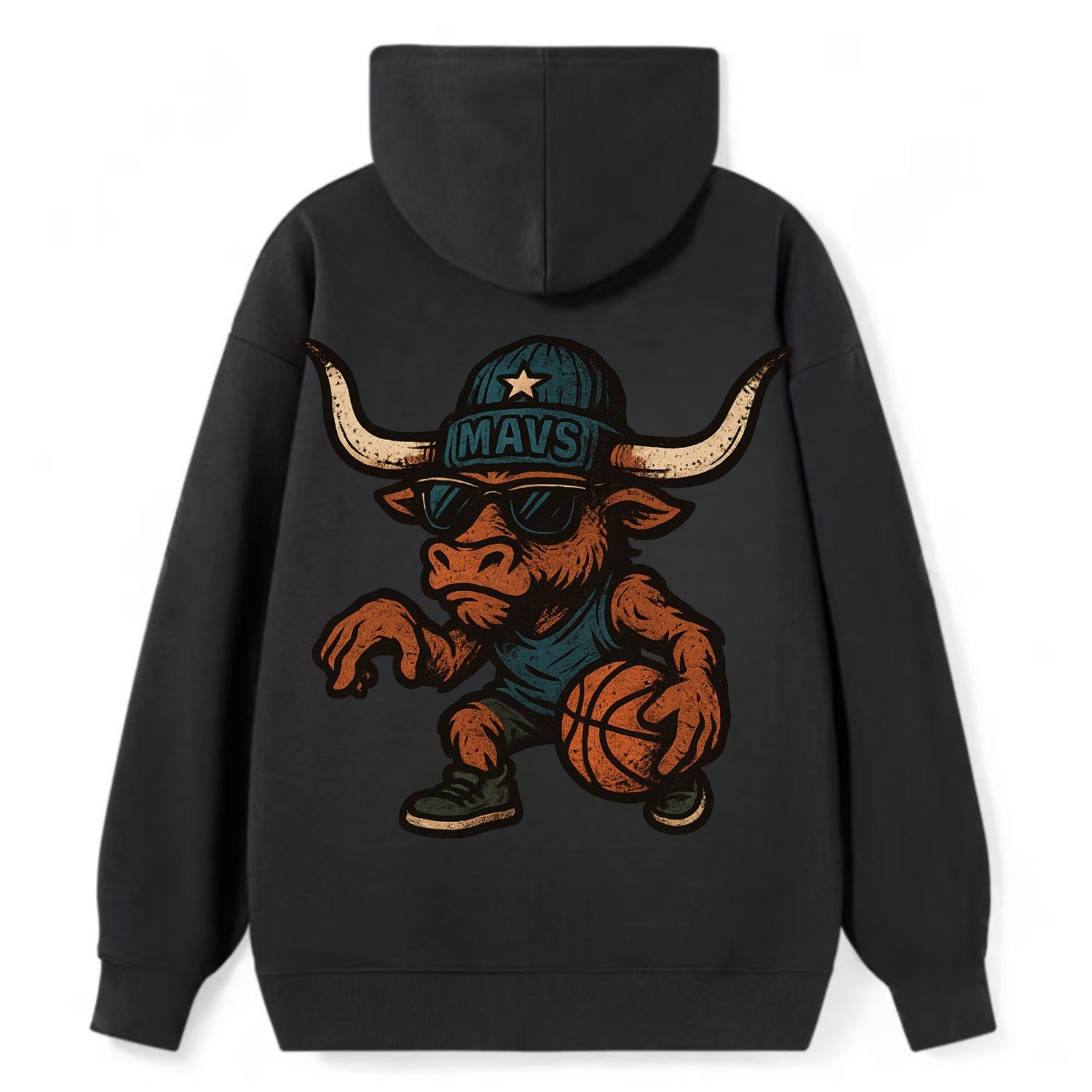 Texas Longhorn wearing Mavs beanie with lone star patch and wayfarer - Classic Pullover Hoodie - Black