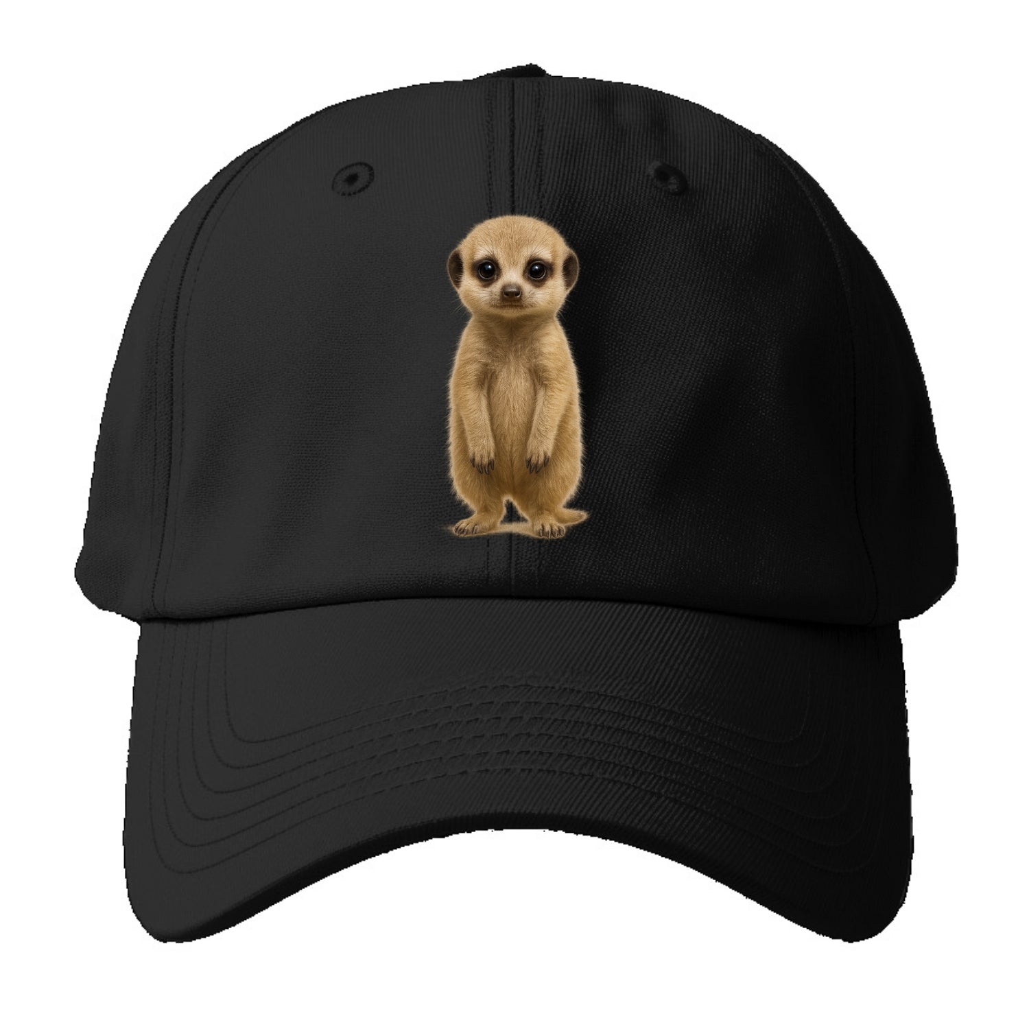 Baby Meerkat - tan fur, dark eye patches, alert stance, bright eyes, - Baseball Cap For Big Heads - Black
