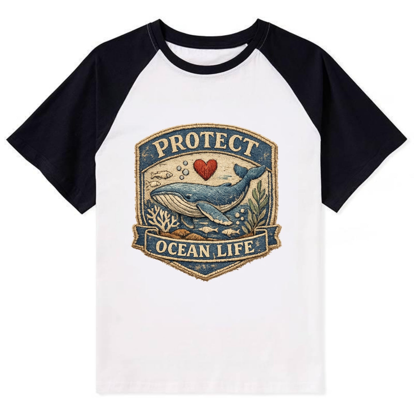 PROTECT OCEAN LIFE - whale with heart in blue , marine conservation - Contrast Raglan T-shirt - Black