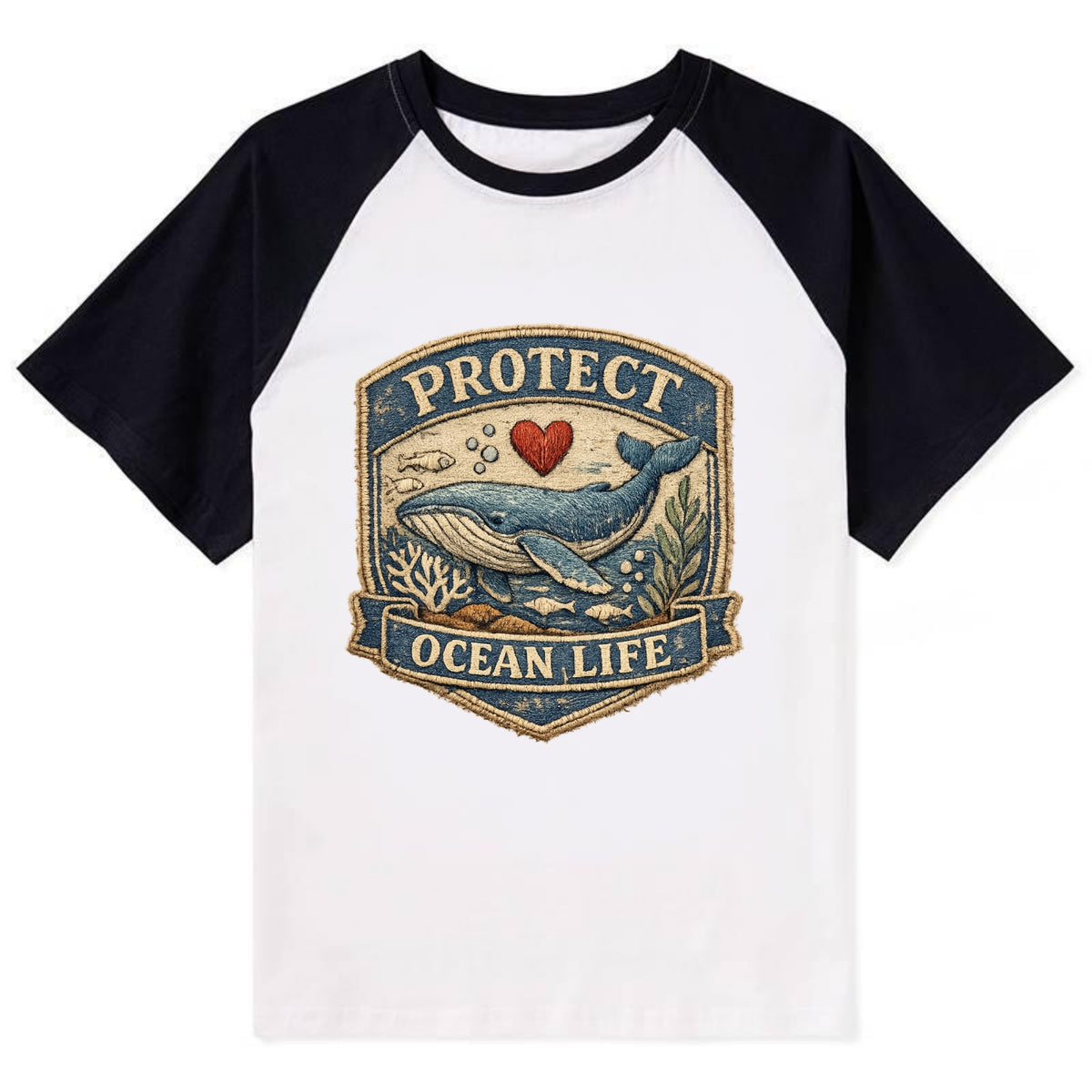 PROTECT OCEAN LIFE - whale with heart in blue , marine conservation - Contrast Raglan T-shirt - Black